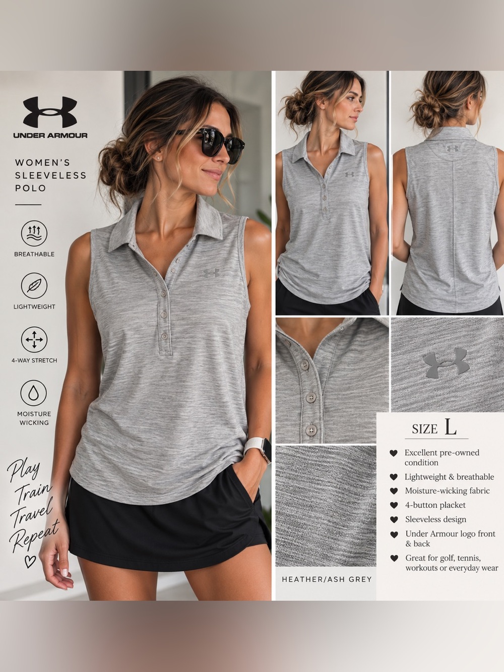 Under Armour Women’s Sleeveless Polo Heather Gray Athletic Golf Tennis Top L